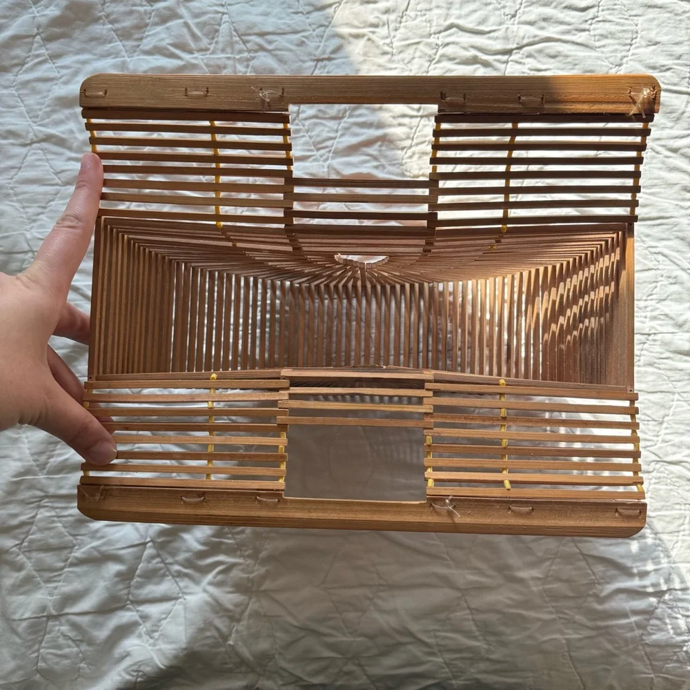 Vintage Boho Half Moon Bamboo Wood Woven Hippie Core Clutch Handbag - Picture 6 of 7